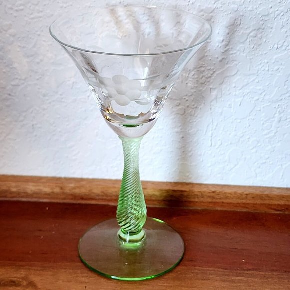 Weston Green Vaseline Stem Floral Stripe Etched Cordial 5.5" Depression Glass - Picture 1 of 12